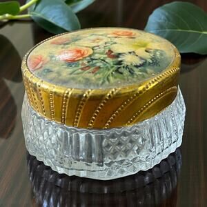 Vintage Crystal Glass Petit Jewelry Box floral Powder Gold Trinket Boho Fairy